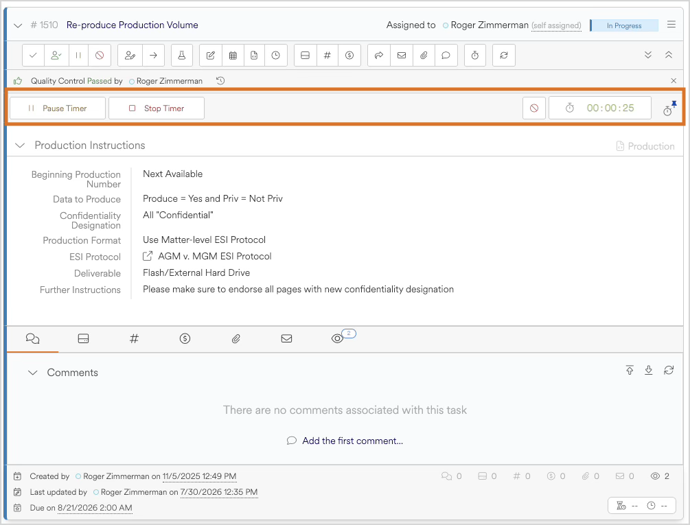 Task management interface showing timer controls and production instructions for a project.